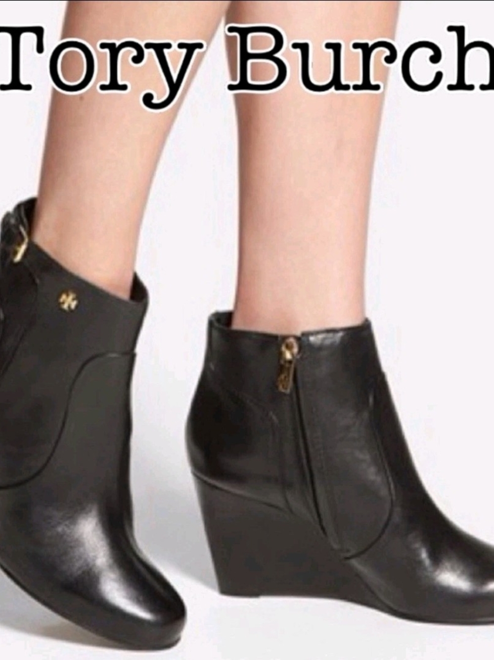 Tory Burch Black Leather Wedge Ankle Booties with Gold Logo